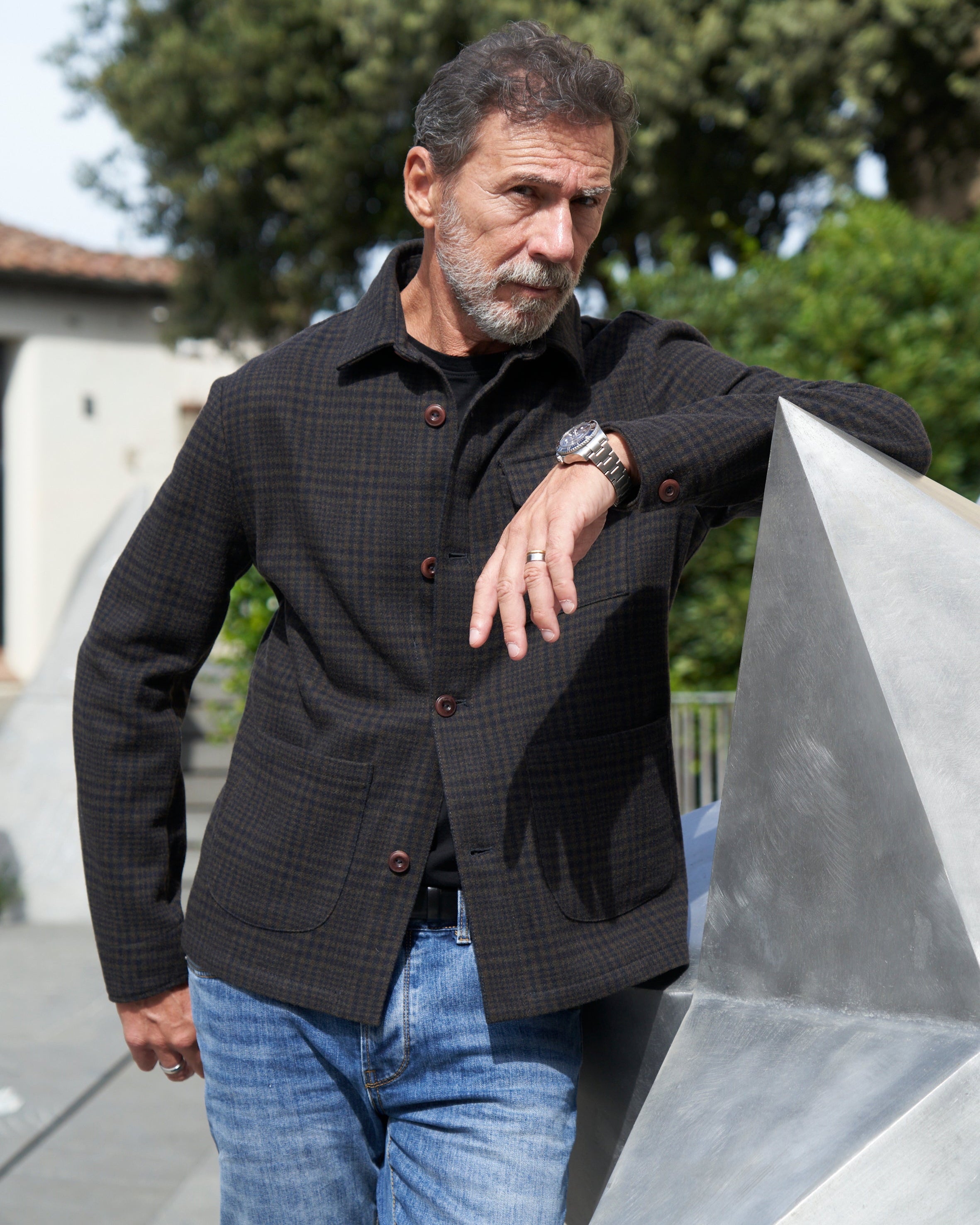 Three-pocket check wool overshirt Blue/Green