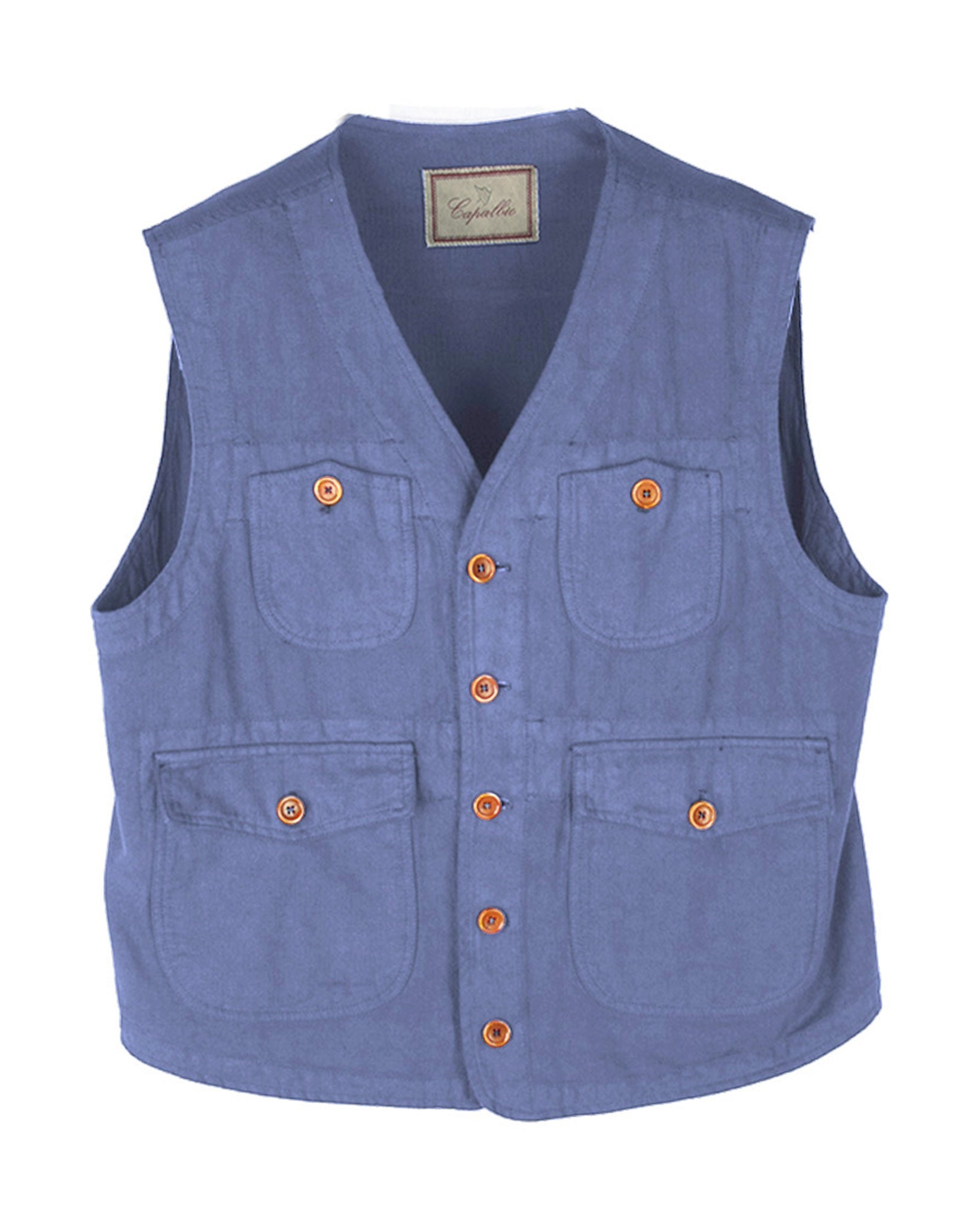 Four pocket vest in linen cotton - Light Blue / Earthenware